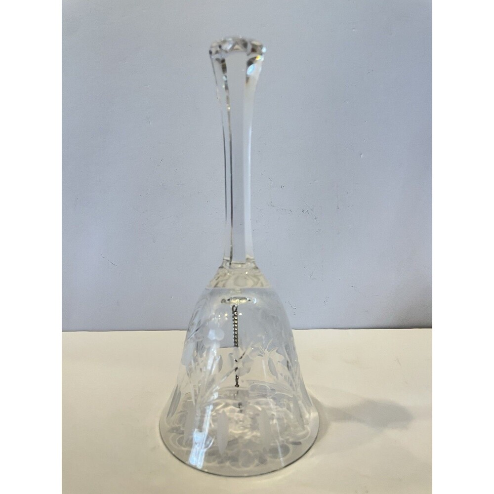 Vintage Crystal Clear Glass Cut Etched Floral Dinner Bell 7.5”
